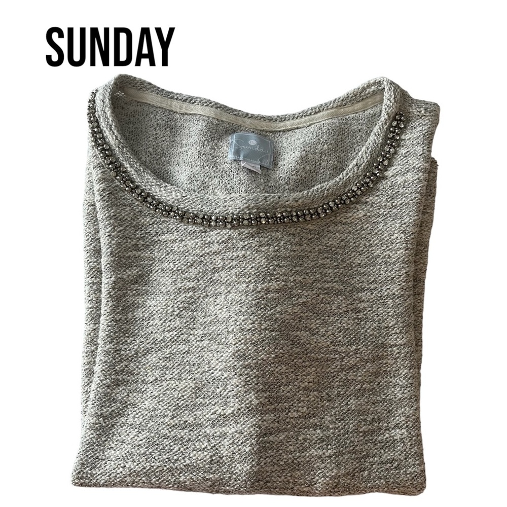 Sunday SILVER BEADED KNIT TEXTURED TOP Gray White METALLIC TUNIC Plus Sz 2X EUC